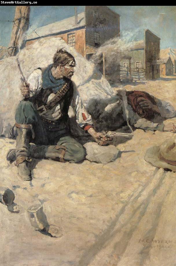 NC Wyeth Sitting up Cross-legged with each hand holding a gun from which came thin wisps of smoke
